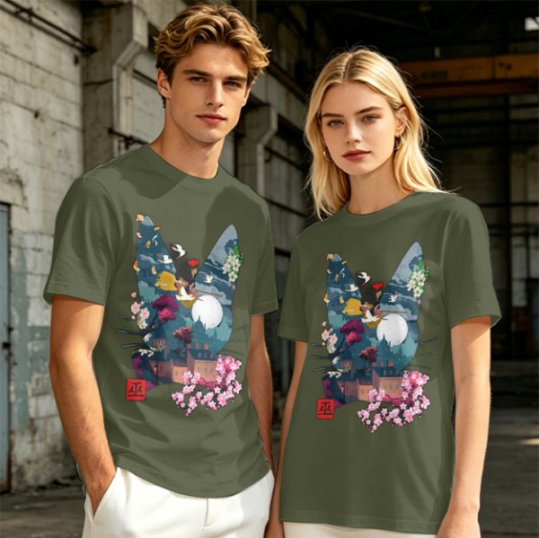 Olive Green T-Shirt With Japanese Nature Inspired Graphic Print