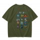 Olive Green T-Shirt With Fantasy Character Icons Print