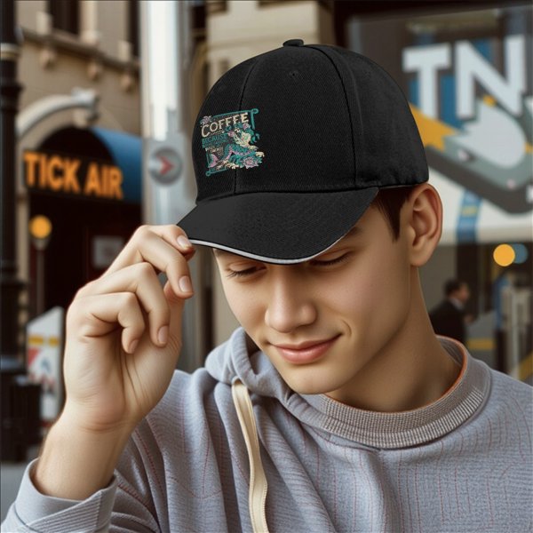Black Baseball Cap With Mermaid Coffee Lover Graphic Design