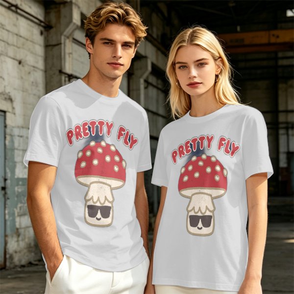 Olive green graphic t-shirt with 'Pretty Fly' and cool mushroom print