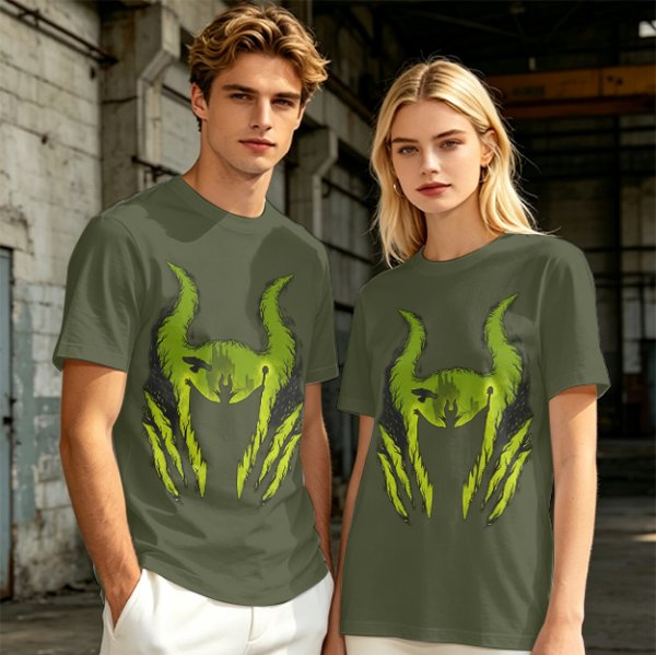 Olive Green T-Shirt With Monster Horned Claw Graphic Print