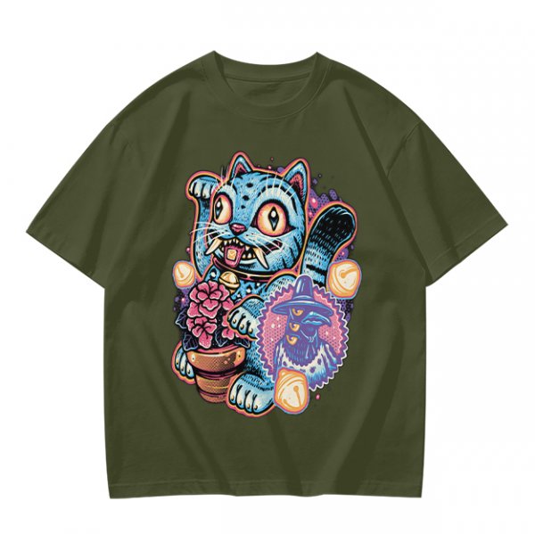 Olive T-Shirt With Maneki-Neko Sabertooth Cat And Crow Art