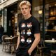 Olive green t-shirt with sushi cat illustrations