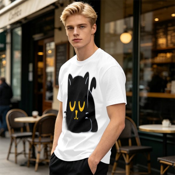 Olive T-Shirt with Relaxed Black Cat Graphic Design