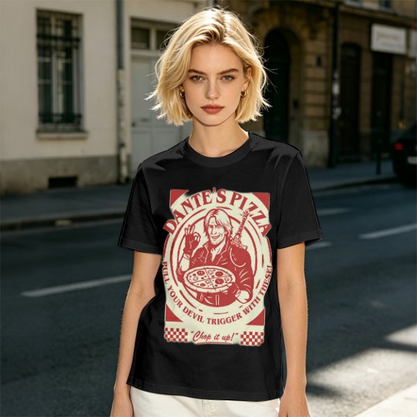 Dante's Pizza Devil Trigger Themed Graphic T-Shirt