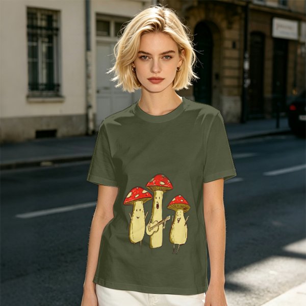 Olive T-Shirt with Singing Mushroom Band Graphic