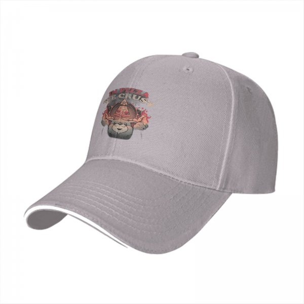 Black baseball cap with 'In Pizza We Crust' graphic print