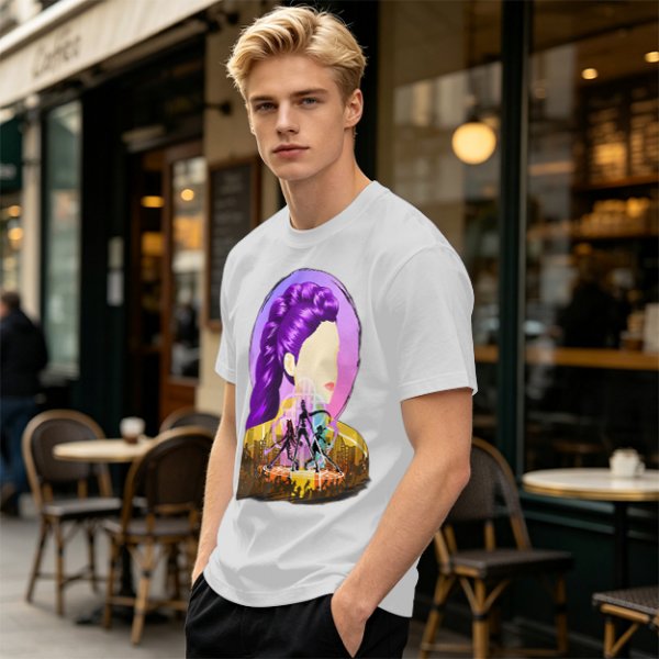 Olive T-Shirt With Purple Haired Woman And Concert Stage Print