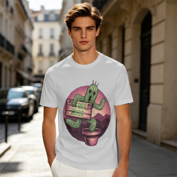 Olive T-shirt with Cartoon Cactus Free Hugs Desert Print