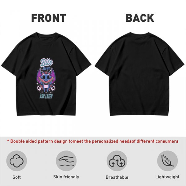 Olive graphic t-shirt with bat cat holding watermelon and 'Bite First Ask Later' text