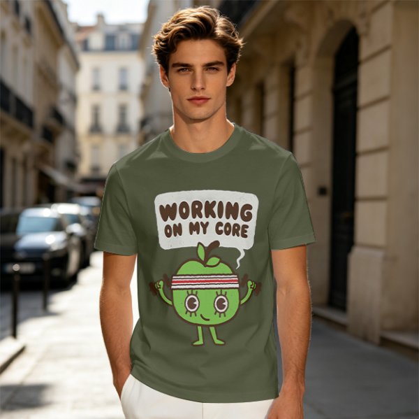 Olive green t-shirt with cartoon apple lifting dumbbells and 'Working on my core' text