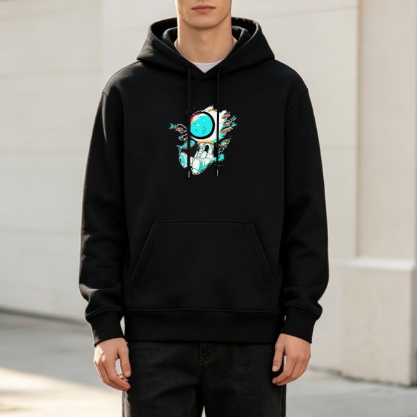 Black Hoodie With Glitch Astronaut Graphic Print