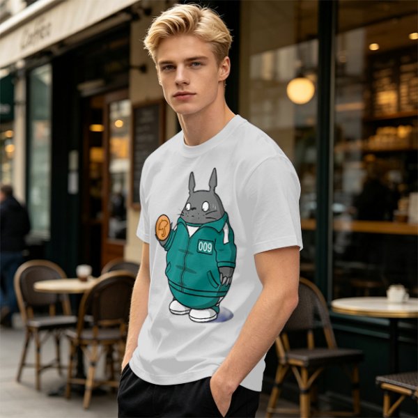 Totoro in Squid Game tracksuit holding umbrella honeycomb cookie t-shirt