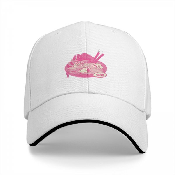 Black baseball cap with pink ramen bowl graphic design