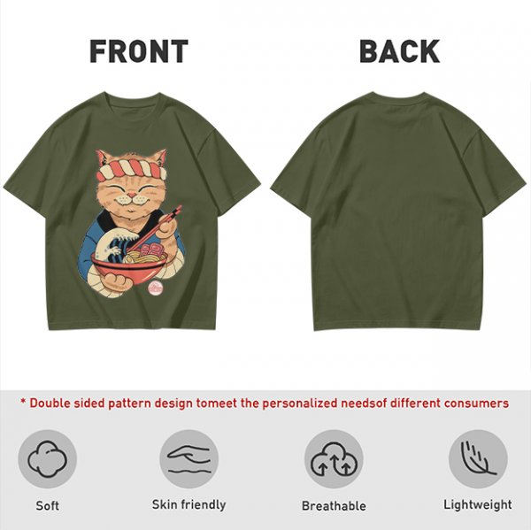 Olive T-Shirt with Japanese Ramen Chef Cat Graphic