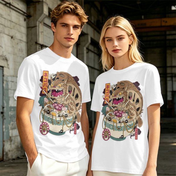 Olive t-shirt with cat bus ramen bowl graphic print