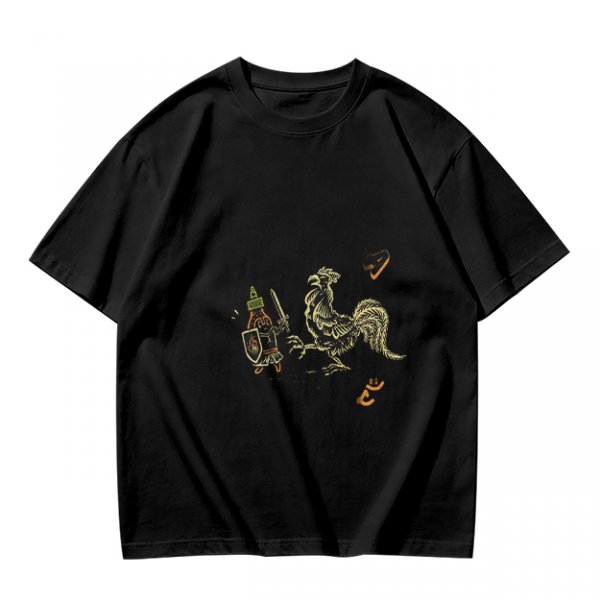 Olive Green T-Shirt With Knight Vs Rooster Fantasy Graphic Print