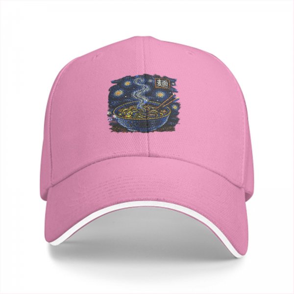 Black baseball cap with starry night ramen bowl graphic