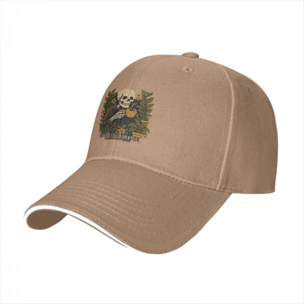 Black baseball cap with skeleton holding coffee and plants design