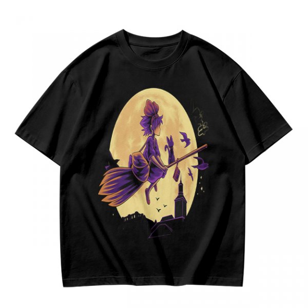 Olive t-shirt with witch flying on broom against full moon