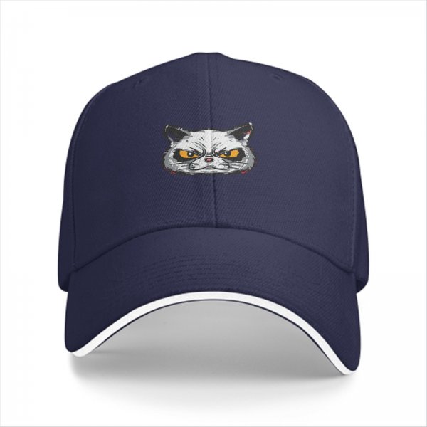 Black Baseball Cap With Grumpy Angry Cat Face Graphic