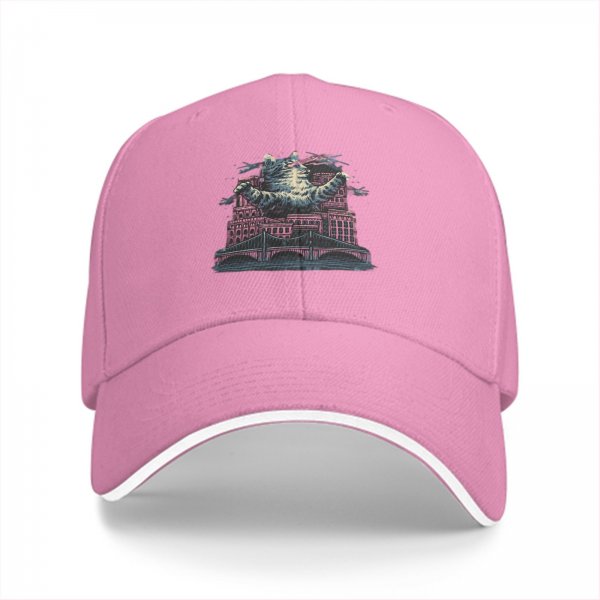 Black Baseball Cap With Giant Monster Cat Cityscape Art Print