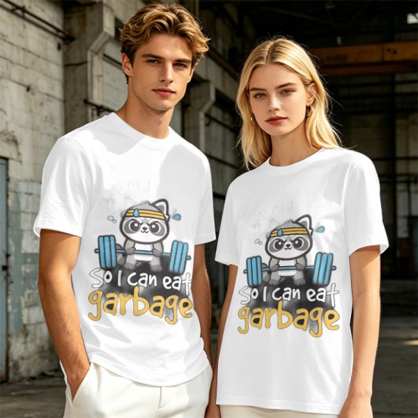 Olive T-Shirt with Raccoon Lifting Weights 'So I Can Eat Garbage' Print