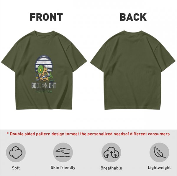 Olive green graphic t-shirt with Tonberry 'Good Night' print