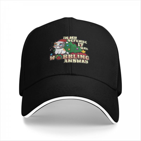 Black baseball cap with funny Christmas cat wobbling defense print