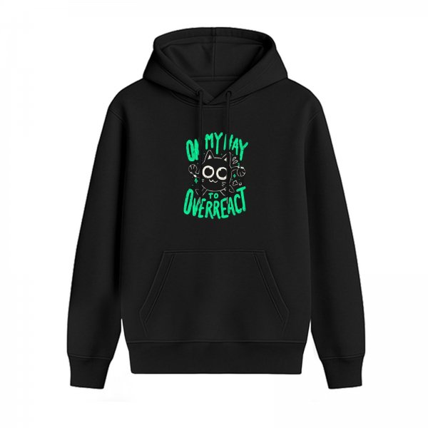Black hoodie with 'On My Way To Overreact' cat graphic