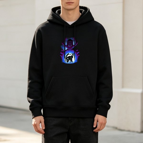 Black Hoodie With Glowing Purple And Blue Fantasy Graphic Print