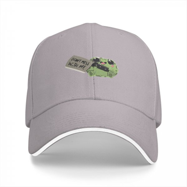 Black baseball cap with cute frog holding 'Don't mess with me' sign