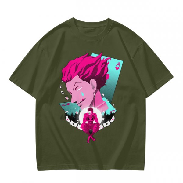 Olive T-shirt with Hisoka Anime Character and Ace of Hearts Print