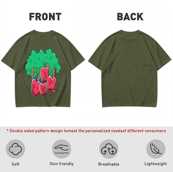 Olive T-Shirt With Cartoon Anthropomorphic Apples In Forest Print