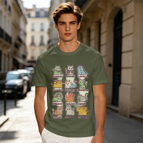 Olive green t-shirt with cute mythical monster cat graphic prints