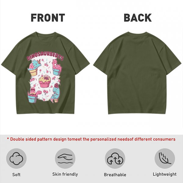 Olive T-Shirt With Cute Dinosaur Ice Cream Graphic Print