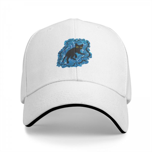 Black Baseball Cap With Playful Black Cat On Blue Abstract Background