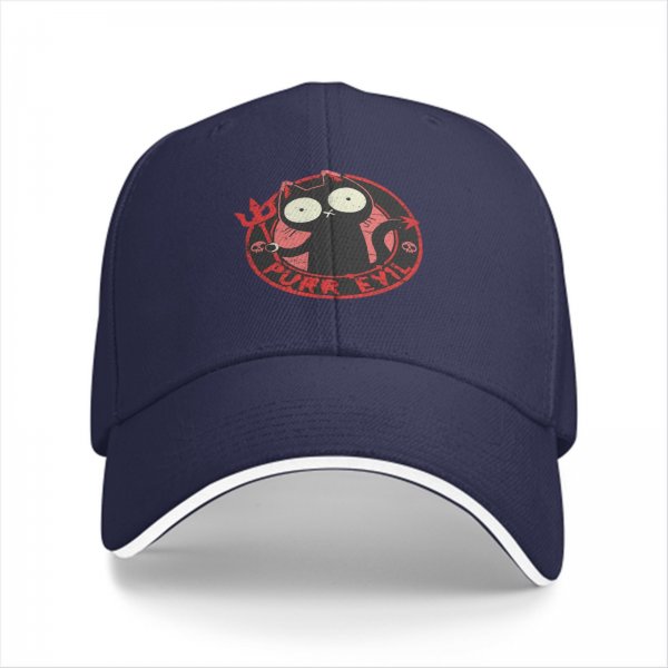 Black baseball cap with devil cat 'Purr Evil' graphic print