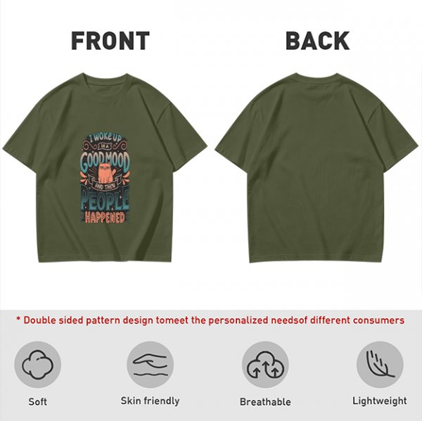 Olive t-shirt with 'I woke up in a good mood and then people happened' grumpy cat print