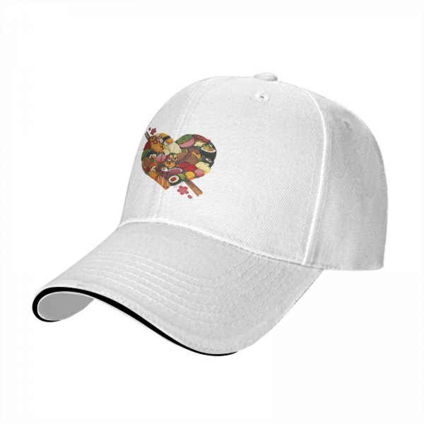 Black baseball cap with heart shaped food print design