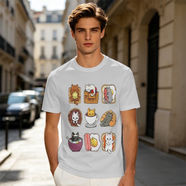 Olive T-Shirt With Cute Breakfast Cat Graphic Print