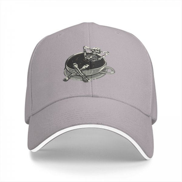 Black baseball cap with skeleton relaxing in coffee cup graphic