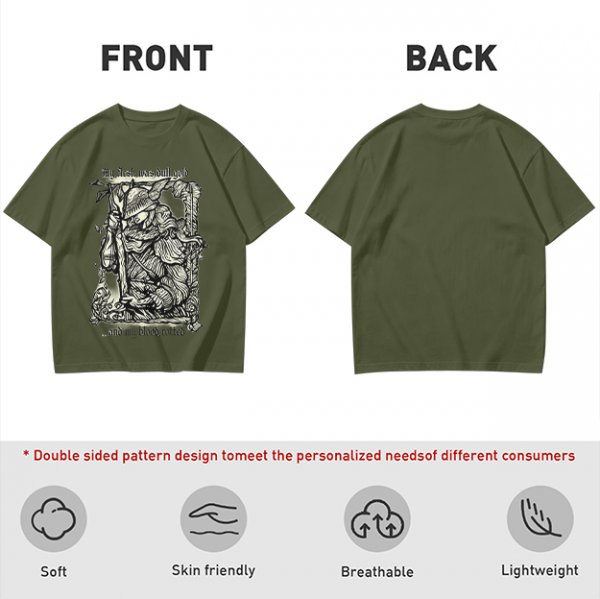 Olive t-shirt with medieval wanderer graphic and gothic text print