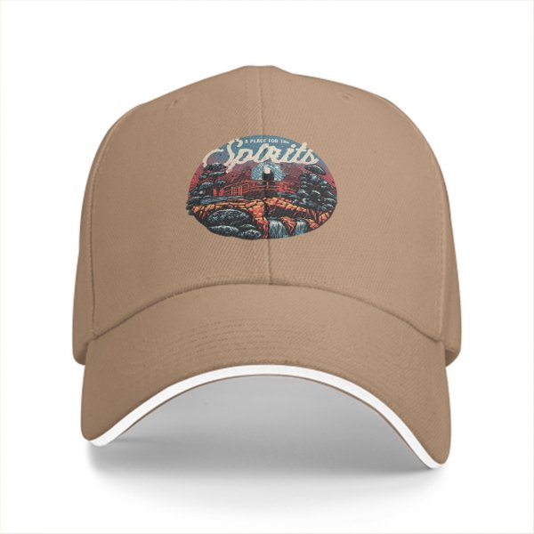 Black baseball cap with 'A Place for the Spirits' nature landscape graphic
