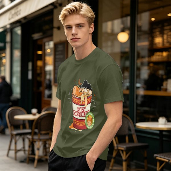 Olive T-Shirt with Capybara in Cup Noodle Graphic Print