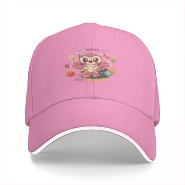 Black baseball cap with cute owl 'Owlways for snacks' print