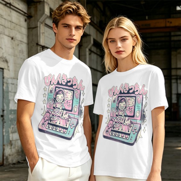 Olive green graphic t-shirt with cute handheld game kitchen art