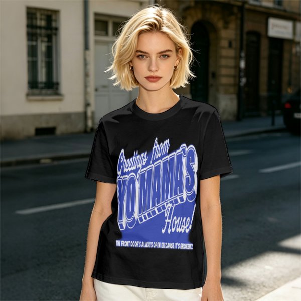 Olive t-shirt with funny yo mama's house greeting print