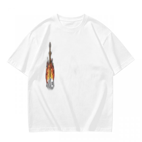 Olive Green T-Shirt With Pixel Art Skull Sword And Fire Print