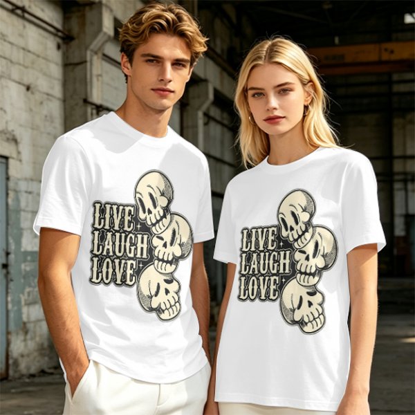 Olive Graphic T-Shirt with Live Laugh Love and Stacked Skulls